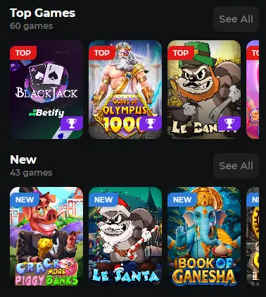 Mobile Dark interface, popular games and bonuses on the go